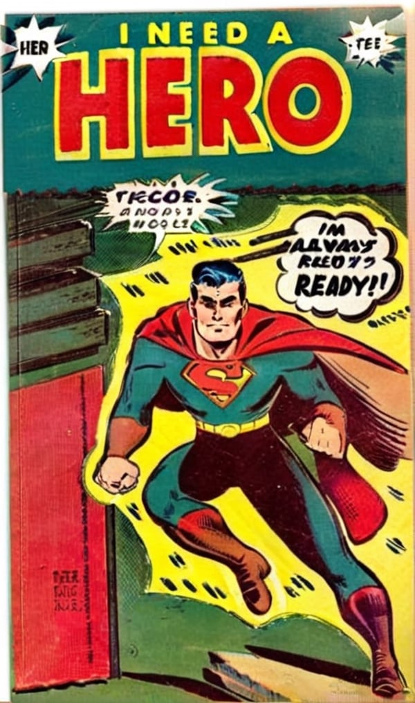 i need a hero!:0.5,
he says "I'm always ready!":0.6,
"ZeusEX Comic" small logo:0.4, "5$ only",
VintageMagStyle