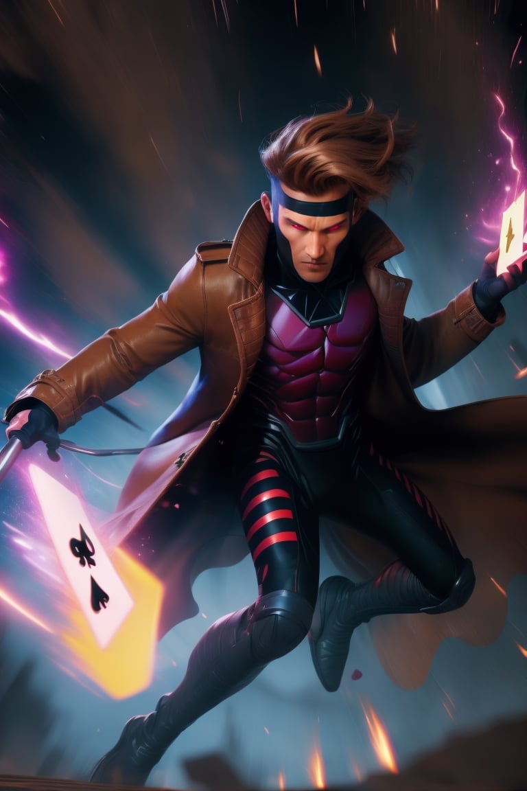 Gambit, Le Diablo Blanc, Remy Lebeau,  holding,weapon, bo staff,  holding weapon, coat, glowing, glowing eyes, card, trench coat, magic, specular highlights, ((high speed moves, visible air traces)), fast paced dynamic scene, 60fps, Marvel, Capcom, Ufotable, realistic holding staff movement, realistic throwing cards movement, realistic legs movement, realistic Gambit face head and hair movement, realistic clothes with exceptional dynamic movement, light motion blur, 3d, motiontrail,High detailed , gravity bending, fisheye lenses effect, reality distortion