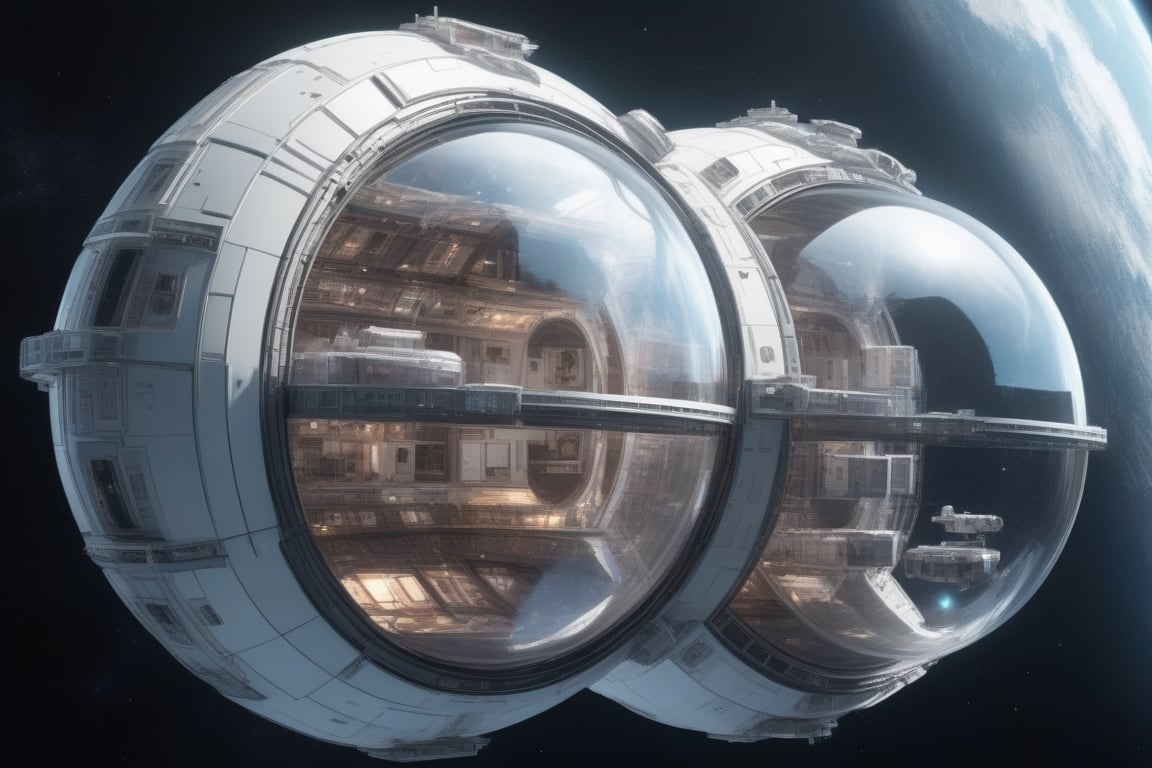 Habitation modules with glass domes of huge ring space station in orbit, trending on artstation, concept art, hyper realistic, cinestill, ultra detailed, 4k, 8k