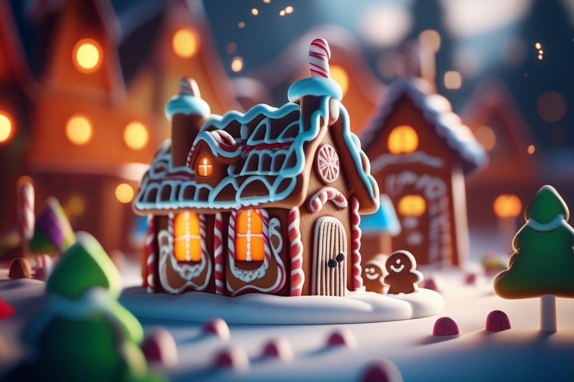 closeup of miniature gingerbread candy village, colorful, fantasy, fairytale, forest, halloween, snow, bokeh, depth of field 1 0 0 mm, cinematic scene, studio quality, unreal engine, octane render, trending on artstation,