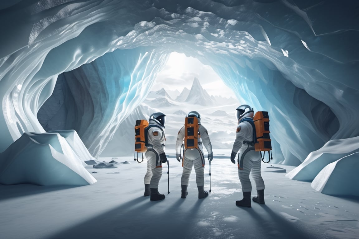 photo realistic space explorers standing in massive ice cave, volumetric lighting