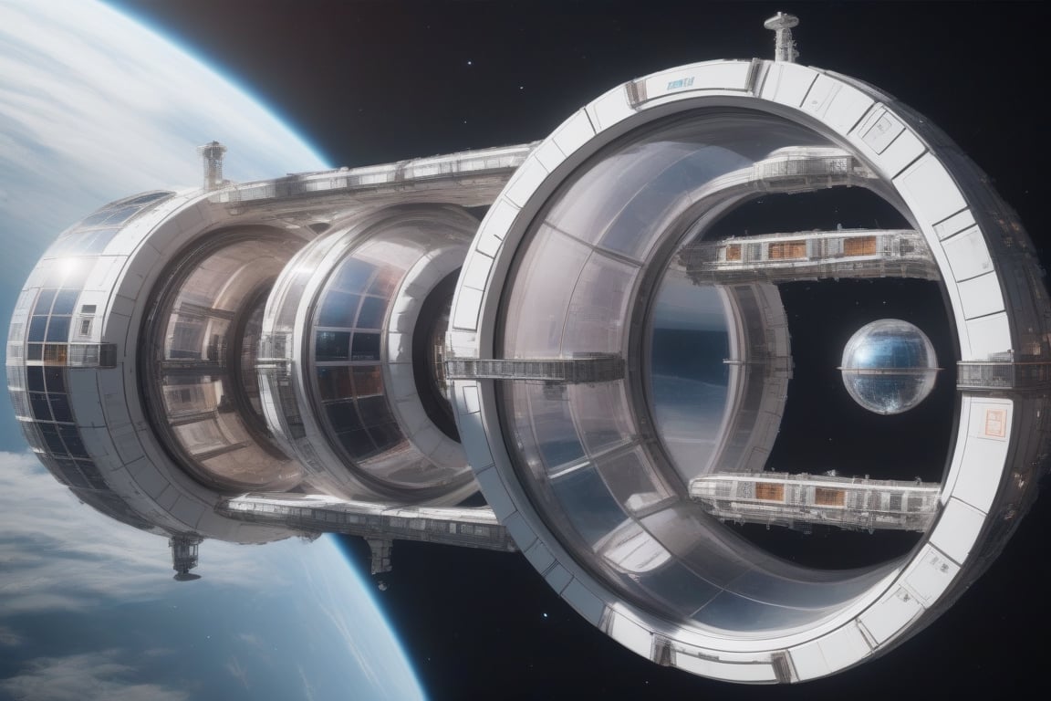 Habitation modules with glass domes of huge ring space station in orbit, trending on artstation, concept art, hyper realistic, cinestill, ultra detailed, 4k, 8k