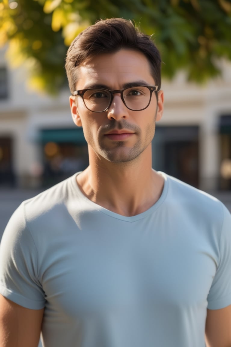 high-resolution, one young adult male portrait, casual vibe, in his thirties, short casual dark hair, thick and bold modern glasses, confident and friendly smirk, embracing life, bright perceptive and insightful eyes, relaxed facial structure, natural complexion, warm soft lighting, approachable wide jawline, informal attire, soft-blurred background, charismatic facial expression, natural eyebrows with a gentle arch, healthy skin tone, clean-shaven, affable technical leader