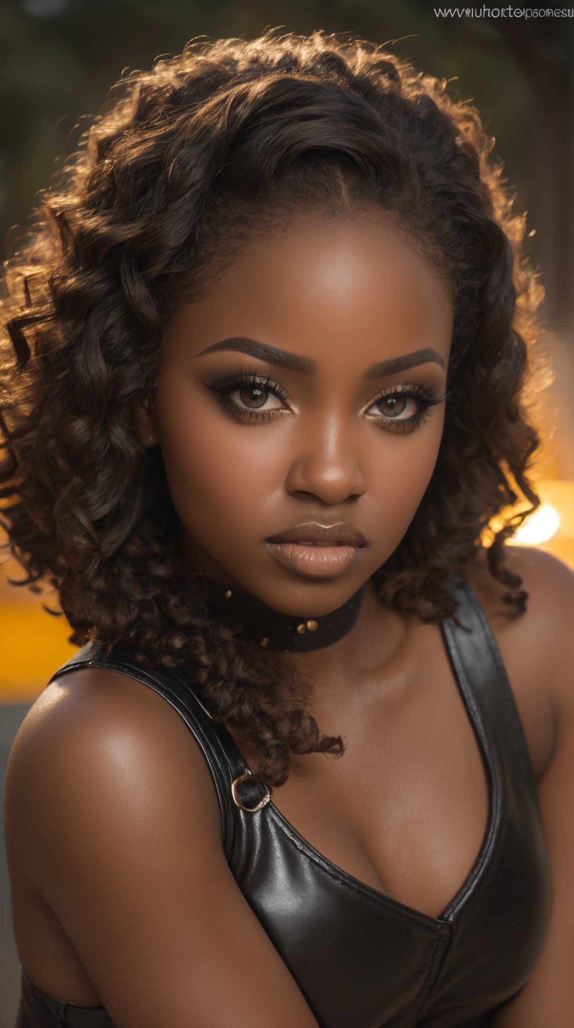 (((BLACK AFRICAN FEMALE)))[DARK SKINNED](best quality, realistic:1.2), ultra-detailed, professional, vivid colors, portrait, beautiful detailed eyes, beautiful detailed lips, long eyelashes,Curly black hair, seductive pose,amber glowing eyes, fashionable leather top, black leather pants, soft parted lips, natural blush, night scene, blooming flowers, warm sunlight