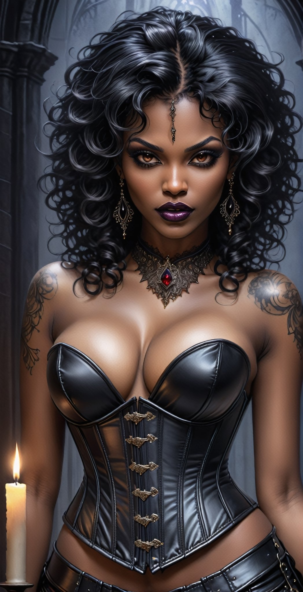 VAMPYRE GIRL,(Upper body view) Tattoo sketch, by enki bilal, high quality, high detail, (16K Ultra HD), (masterpiece), (best quality), (ultra realistic detail).(Black African Female)[[[DARK SKINNED]]] (beautiful girl), (black curly hair with dark roots)(((STRAIGHT HAIR))), dark eye shadow,dark candle lit gothic cathedral background, massive breasts, deep cleavage, necklace, earrings, (((BLACK LEATHER HIGHLY DETAILED CORSET TOP)))(Deep neckline to waist shirt)DonMF43XL, .SLB.,p3rfect boobs