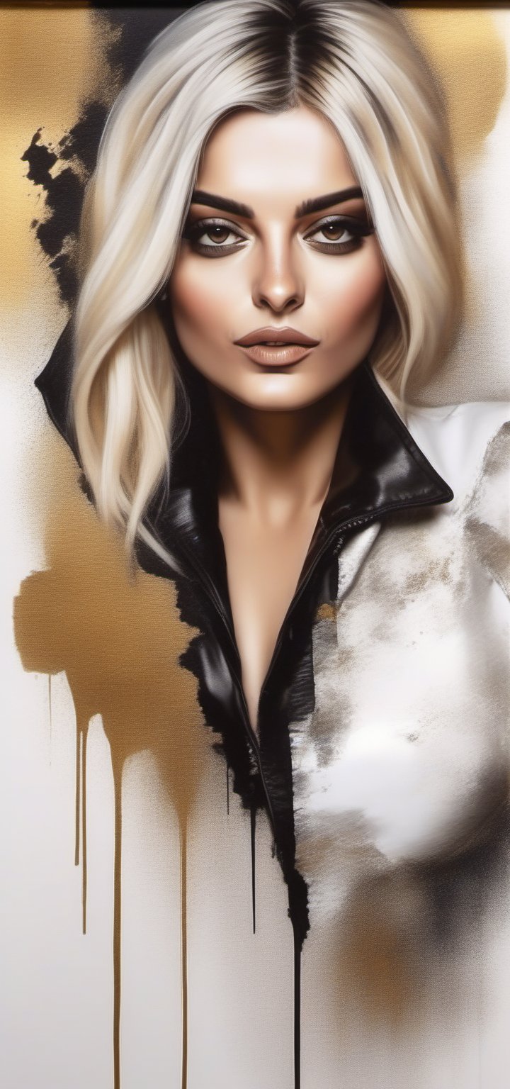 BebeRexha,breathtaking portrait of a gorgeous girl, sultry, dark gold and black, leather fabrics,exposed cleavage, jagged edges, eye-catching detail, insanely intricate, vibrant light and shadow , beauty, paintings on panel, textured background, captivating, stencil art, style of oil painting, modern ink, watercolor , brush strokes, negative white space