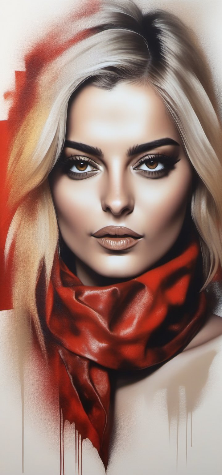 BebeRexha,breathtaking portrait of a gorgeous girl, sultry, red scarf, dark gold and black, leather fabrics, jagged edges, eye-catching detail, insanely intricate, vibrant light and shadow , beauty, paintings on panel, textured background, captivating, stencil art, style of oil painting, modern ink, watercolor , brush strokes, negative white space