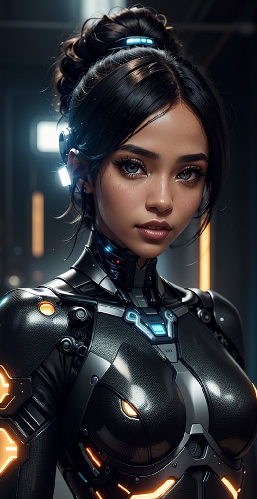 (high resolution, masterpiece: 1.2),(((BLACK AFRICAN FEMALE)))[DARK SKIN]ultra-detailed, realistic, physics-based representation, cyborg woman, electronic systems in the humanoid head, with a detailed brain that can be seen, representation of mechanical parts of the skull, female face, beautiful detailed eyes,black hair, beautiful detailed lips, muscle wire, flesh-colored skin, metallic elements, digital interface, shiny circuits, advanced sensors, high-tech prosthetics, seamless integration, artificial intelligence, technological improvements, wearable technology, modern aesthetics , bionic enhancements, advanced biotechnology, elegant and futuristic design, combination of humans and machines, symbolic representation of human evolution, harmonious coexistence of organic and synthetic components, vivid colors, dynamic lighting._black female