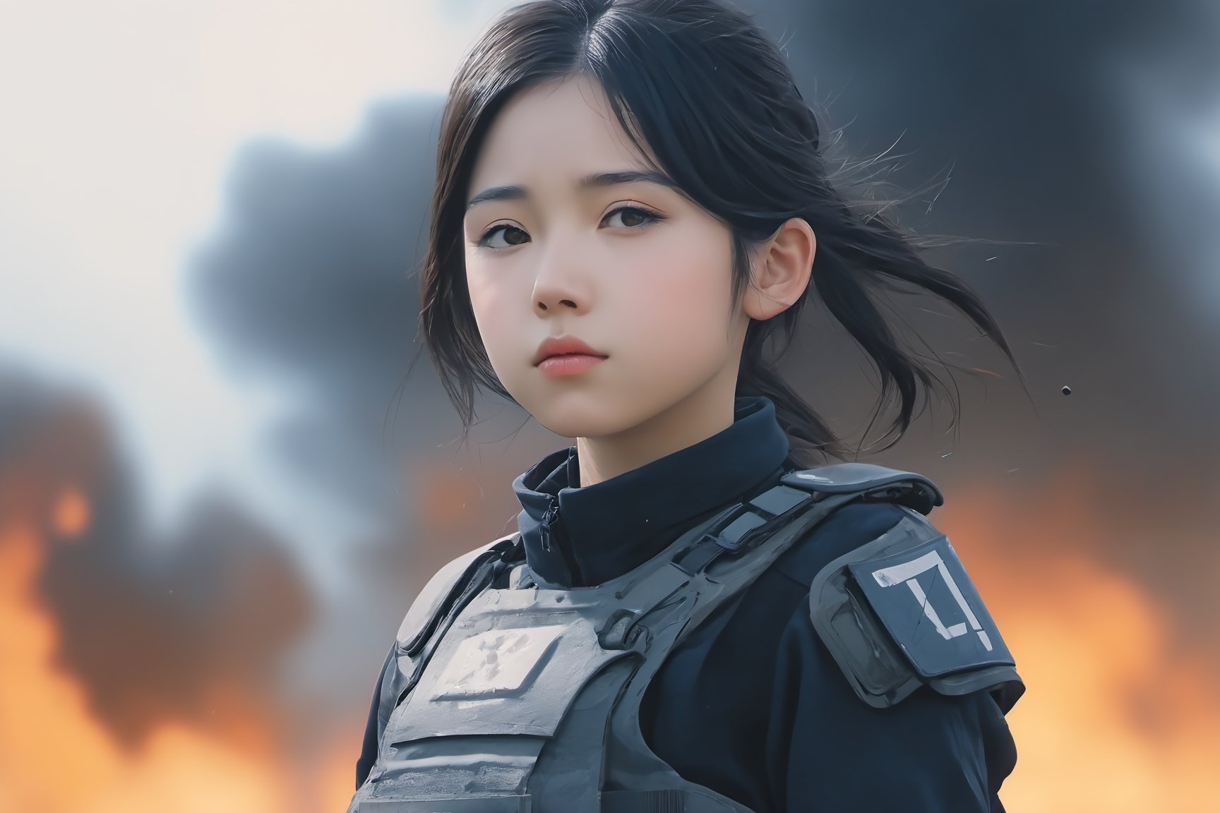 1girl, portrait, SWAT uniform((uniform detail like army force)) with super powerful arm, sidelighting, wallpaper, Masterpiece, 8k, battle field background, ruin all over the place, after deep impact by terrorist destroying attacted, The sky is obscured from the blue by flames, soot and battle fires are everywhere, and there is a hidden fire dragon in the background 
Wide angle shot
8k, ultra realistic, anime_screencap,IncrsXLRanni,A girl in the wild 