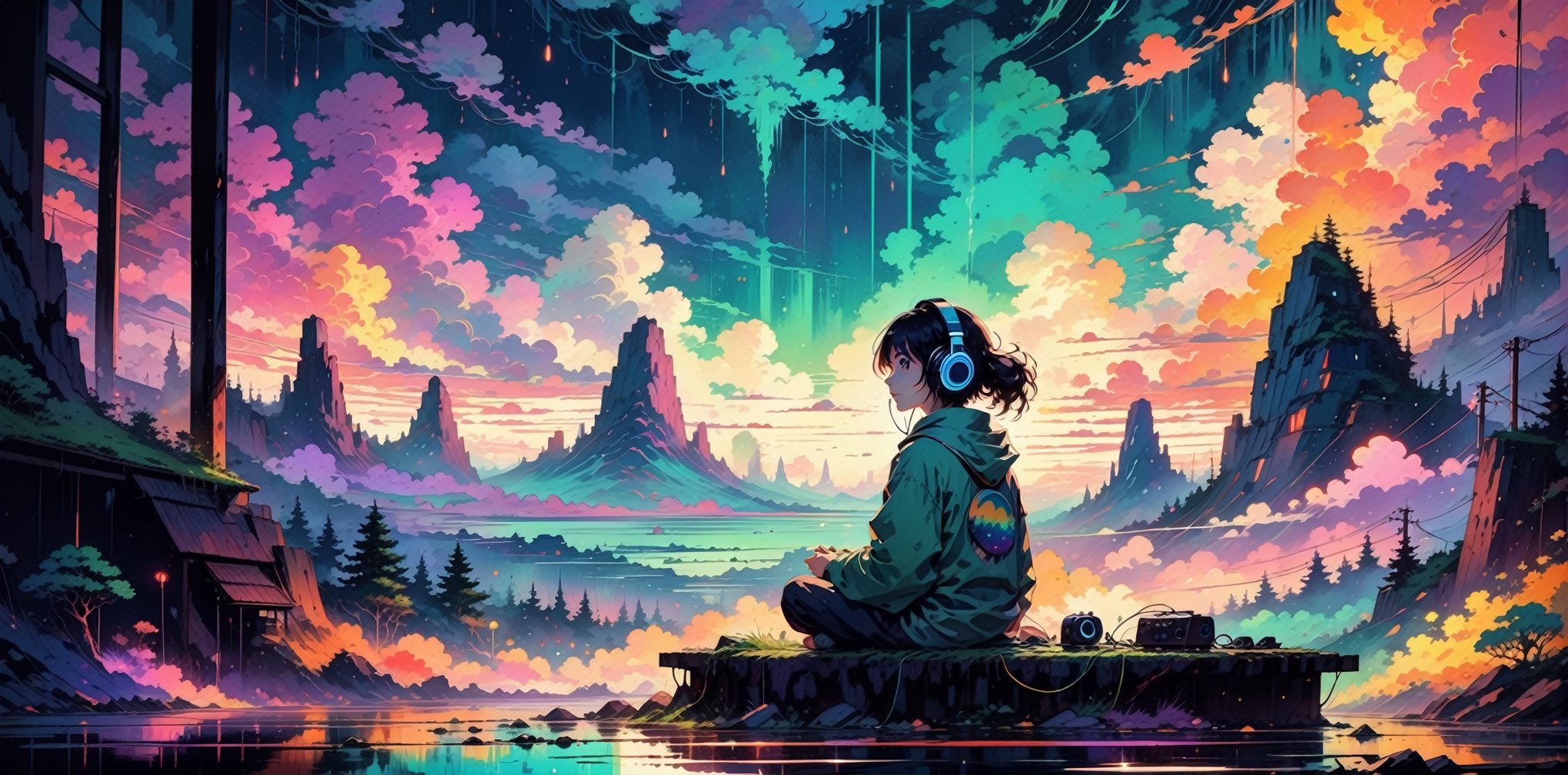 fine art,  oil painting, amazing sky,
.
European Hippie Girl meditating in her room, dreaming, Wear headphones, night lights, Neon landscape on a rainy day, Analog Color Theme, Lo-Fi Hip Hop , retrospective, flat, 2.5D ,Draw a line, Ink Drawing, Large slope, Watercolor painting, Goosch Colors, Studio Ghibli Style, Awesome colorful, Outer Ton, krautrock, lofi art,  70s style,Old texture, amplitude,psychedelic vibe, masterpiece, Tremendous technology,
.
Makoto shinkai style, 2d, flat, cute, adorable, vintage, art on a cracked paper, fairytale, storybook detailed illustration, cinematic, ultra highly detailed, tiny details, beautiful details, mystical, vibrant colors, complex background,more detail XL,girl,lofi