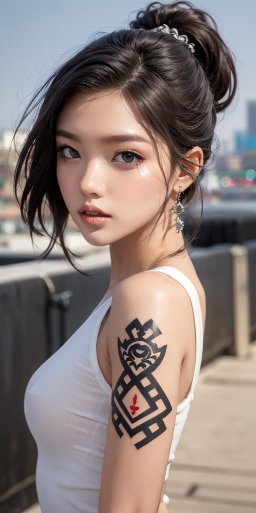 a beautiful young black mixed race girl with a tattoo, oval face, frosty lips, small earrings,intricate high quality details,city background  photorealistic