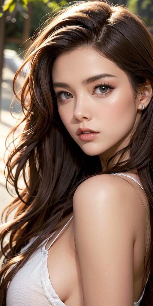 A close-up shot of a stunning woman with long, luscious brown hair that cascades down her back in soft waves. Her facial features are rendered in photorealistic detail, from the gentle curve of her eyebrows to the subtle definition of her lips. The lighting is soft and natural, with a hint of warmth that accentuates the contours of her face.