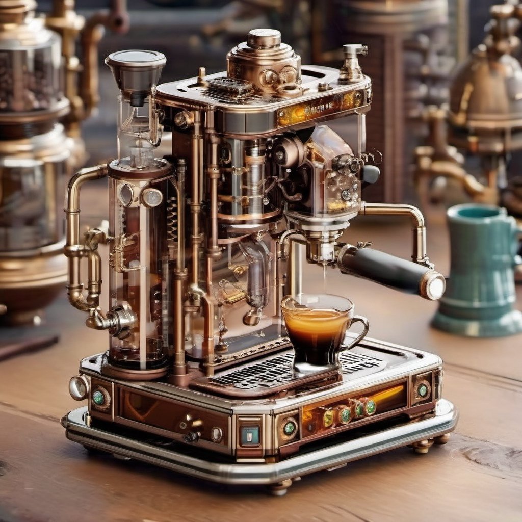 made of glass coffe-machine, details, steampunk style, augmented, metal_body, beautiful_colours, HZ Steampunk