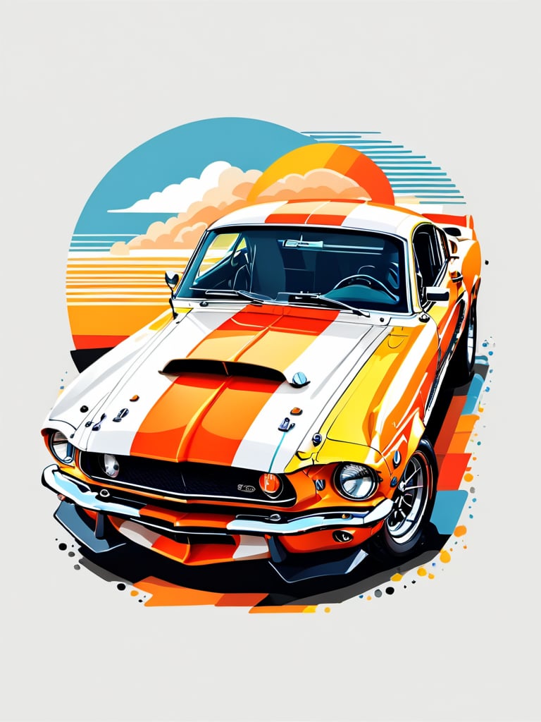 artwork of t-shirt graphic design, flat design of one retro ,retro car Shelby GT350 ,colorfull shades, highly detailed clean, vector image, photorealistic masterpiece, professional photography, simple sunrise backdrop , flat white background, isometric, vibrant vector((white background))