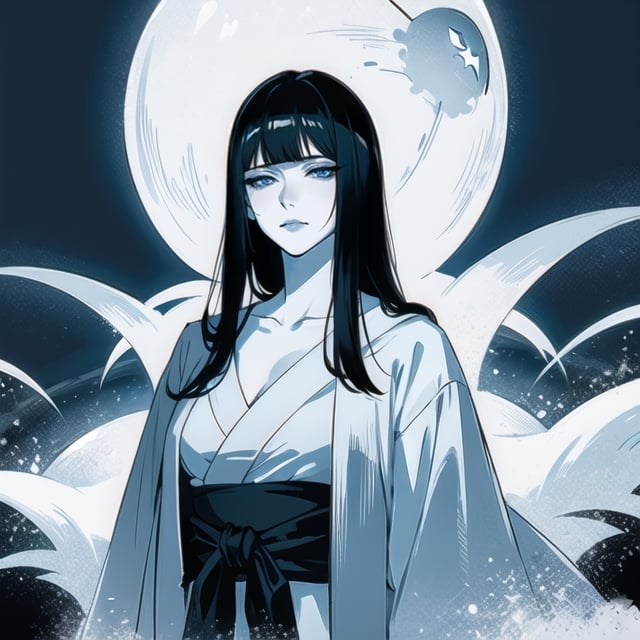 Solo, expressionless, cold, ghost, peice of white cloth overhead, gorgeous, 6'2, evil, milf, black hair, blunt bangs, flowing hair, white skin, white kimono, clevage, blue eyes and lips, upper body, body facing viewers, (Women waiting out the door), facing the viewer, Japanese hut, background blizzard storm, ((gloomy, night, dark night, dim lighting, lamp light )), shouji, male_pov,ghost costume