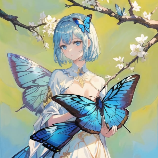 (((masterpiece))), ((beautiful)), (painting), ((high quality)), (no human), white tree branches, white branches, close up, white flowers, blue butterfly Blue Morpho Butterfly, ((insect)), resting on a branch, solo, (simple background, gold background), flat art, flat_art