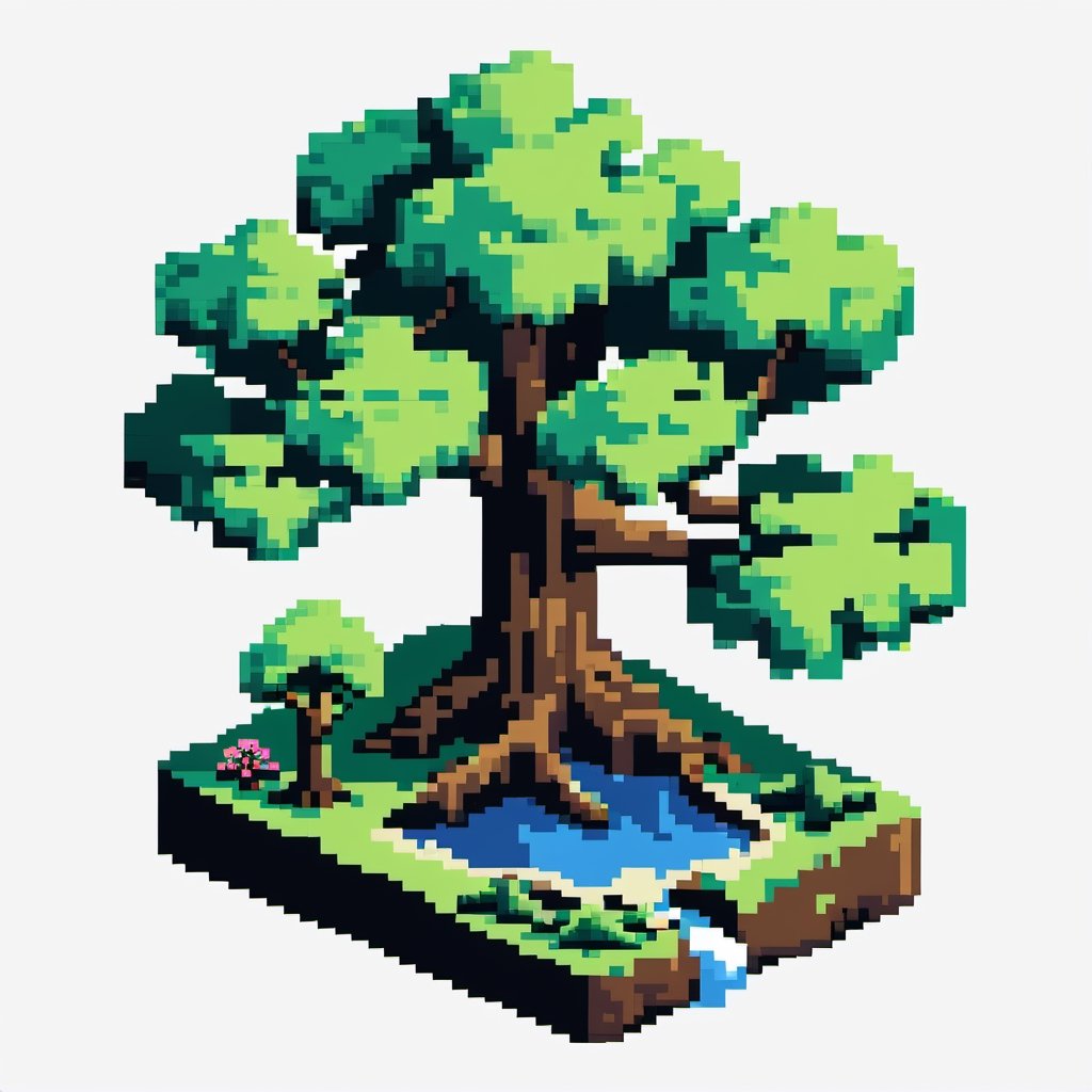 pixel art, 64bit, pixart, pixel_art,Pixel Art, giant tree of life, on island, isometric, simple background, white background, pixel style