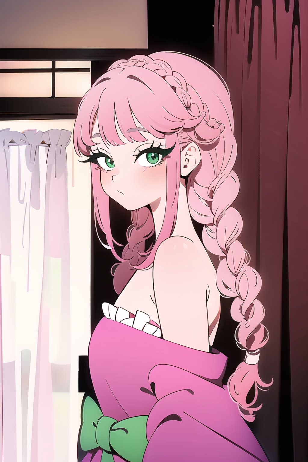 masterpiece, (valentine's day), detailed, (sexy:0.8), dominant, close_up, upper_body, pose, fair_white_skin, emerald_green_eyes, eyelashes,  long_hair, looking_at_viewer, twin_braids, bangs, braid, hair_over_shoulder, over_shoulder, curtain_bangs, pink_hair, yukata, sakura_print, ,AGGA_ST010