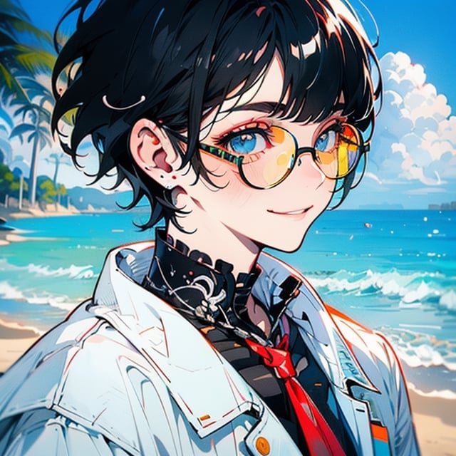 detailed), (close_up), highschool, short hair, boy, anime, cool color palette, flat color, 6'2, mature close_up, man, highschool, smile, sideburns, white_jacket, black_shirt, black_hair, messy_hair, red_ombre, blunt_bangs, black_eyes, off_shoulders, , simple_background, black_frame_spectacles, beach_bg, ocean, watercolor,portrait, rainbow,illustration,watercolor,midjourney