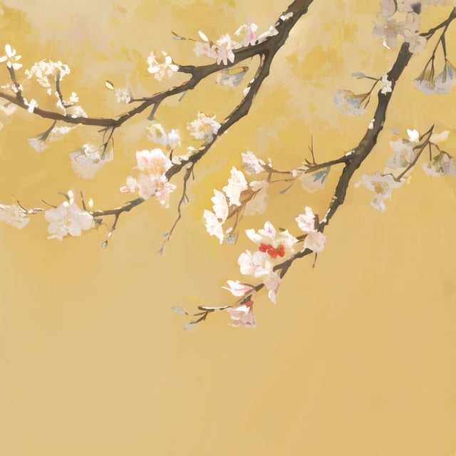 Simple gold background, white tree branches, white branches, close up, (((masterpiece))), ((beautiful)), (painting)*