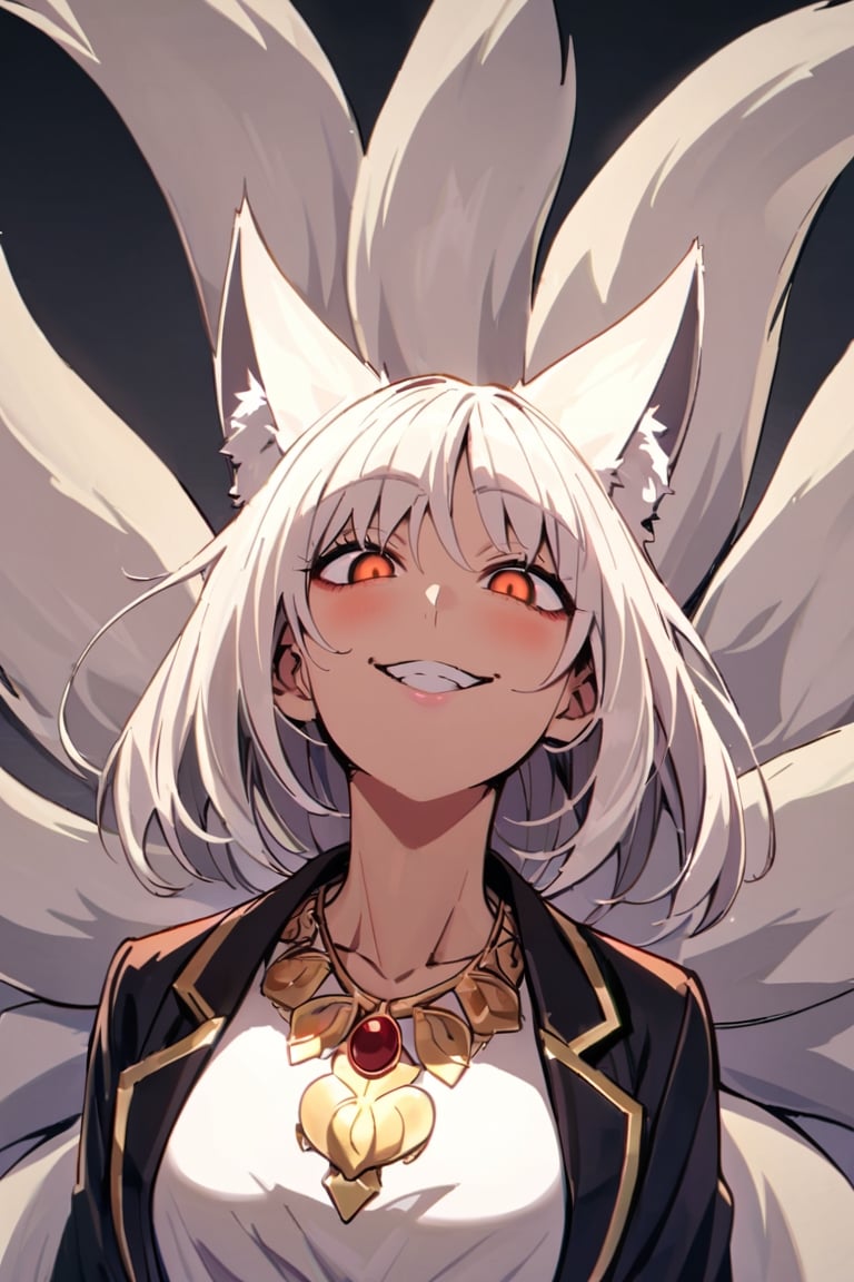 Upper body, milf, adult, tall, slender, kitsune, nine tails, 9 tails, looking_upward, looking_at_viewer, looking_up, (yandere), grinning, blush, smirk, confident, nonchalant, rich, jewelries, accessories, jawlines,
