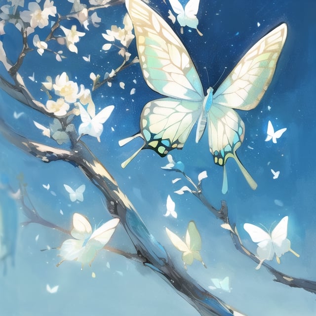 (((masterpiece))), ((beautiful)), (painting), ((high quality)), (no human), white tree branches, white branches, close up, white flowers, blue butterfly, 1butterfly, simple background, gold background,
