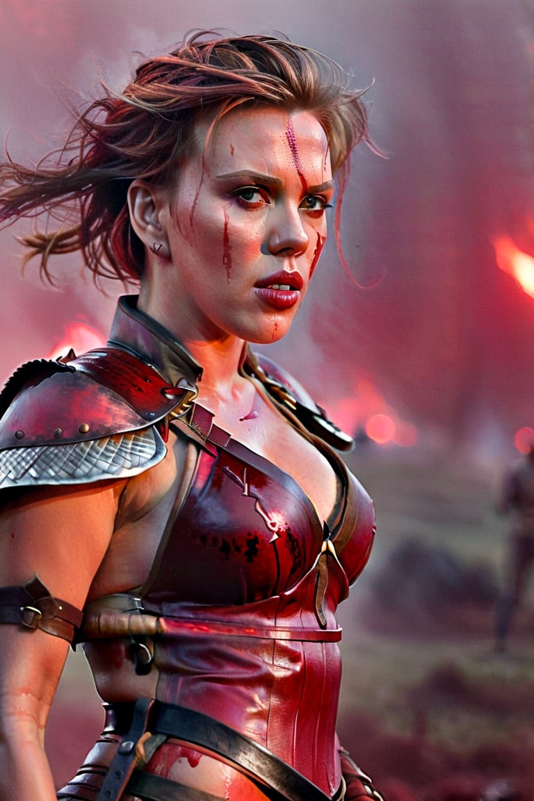 Hyper real photography/ Scarlett Johansson in sexy revealing bloody leather armor/ holding a bloody sword/ fighting a dragon/ at night in thick fog / walking across a battlefield fires in background.