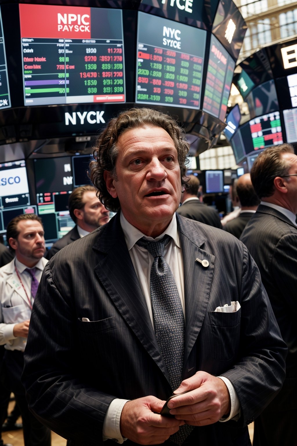 an 8k scene featuring Marco Pierre White at the New York Stock Exchange, surrounded by a bustling crowd of investors, all engaged in calling out prices and trading activities. Marco, amidst the chaos, holds a phone and participates in the flurry of financial transactions. The exchange floor is a whirlwind of activity, capturing the intensity and dynamics of the financial world. 