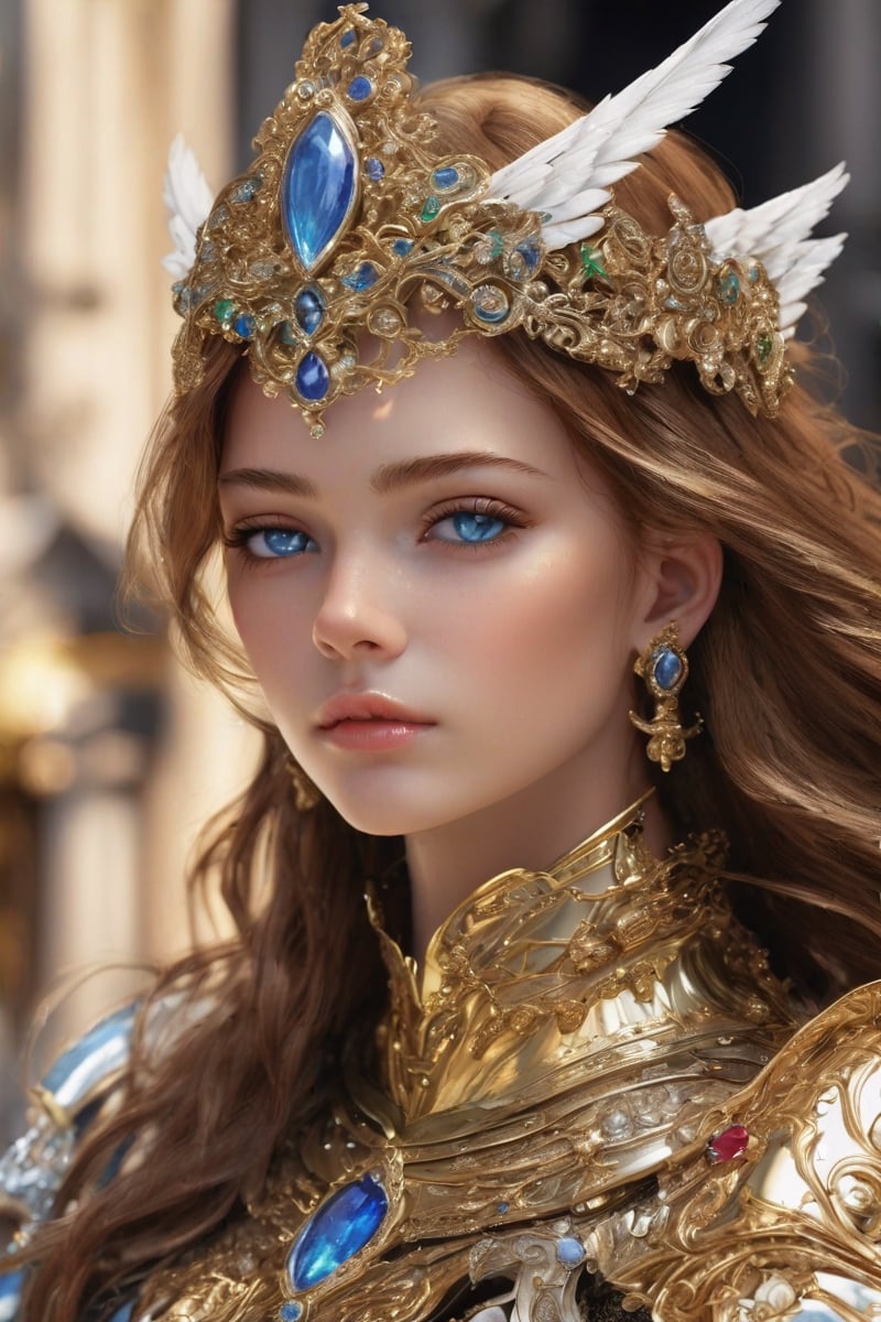 Masterpiece, highly detailed, realistic, A beautiful girl battle angel in polished solid gold armour with barouque engraving with a diamonds and precious stones. She has a broadsword. She has two large white feathered wings and long flowing auburn hair and an intricate gold crown encrusted with diamonds sapphires rubies and emeralds. She has beautiful blue eyes.  Beautiful Face, Detailed face, lovely, photorealistic, photograph
