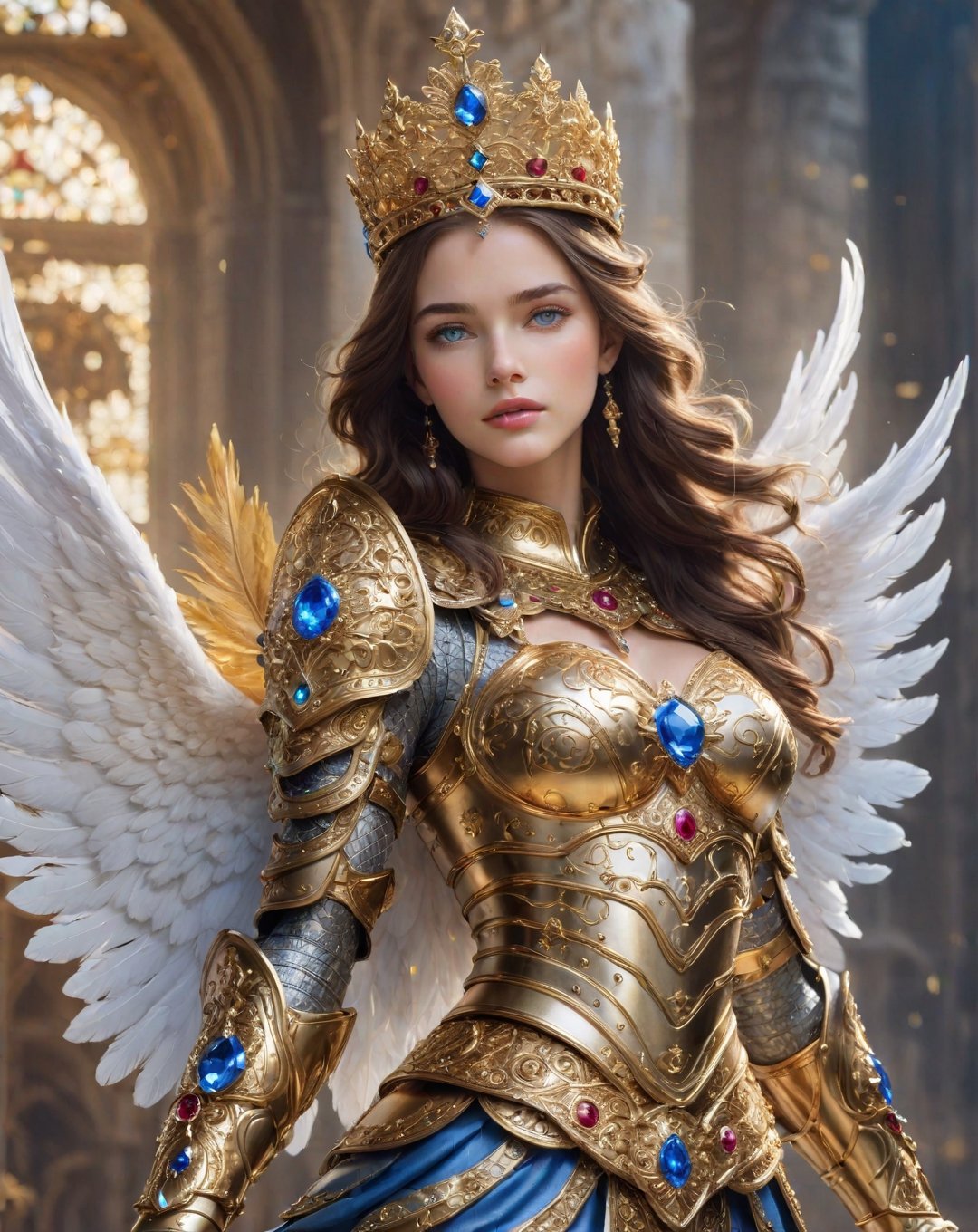 ((Masterpiece), (best quality), (highly detailed)), A stunningly beautiful angel with 2 powerful wings stands tall in a celestial realm, adorned in a armour of gold, encrusted with diamonds, rubies, emeralds and saphires. The armour covers her entire torso. She has an incredibly beautiful face.  She is holding an ornate golden staff that is capped with a huge diamond in her right hand, the angel exudes a sense of strength and divine presence. The intricate details of the angel's golden trim and the delicate feathers of its wings are meticulously rendered, highlighting the beauty and grandeur of this heavenly being, She is breathtakingly beautiful. She has long, flowing dark brown hair and blue eyes and she wears an ornate golden crown adorned with diamonds and precious stones ,LinkGirl,cyborg style,FilmGirl,1 girl,blurry_light_background,flower4rmor,Flower,medieval armor,photo r3al