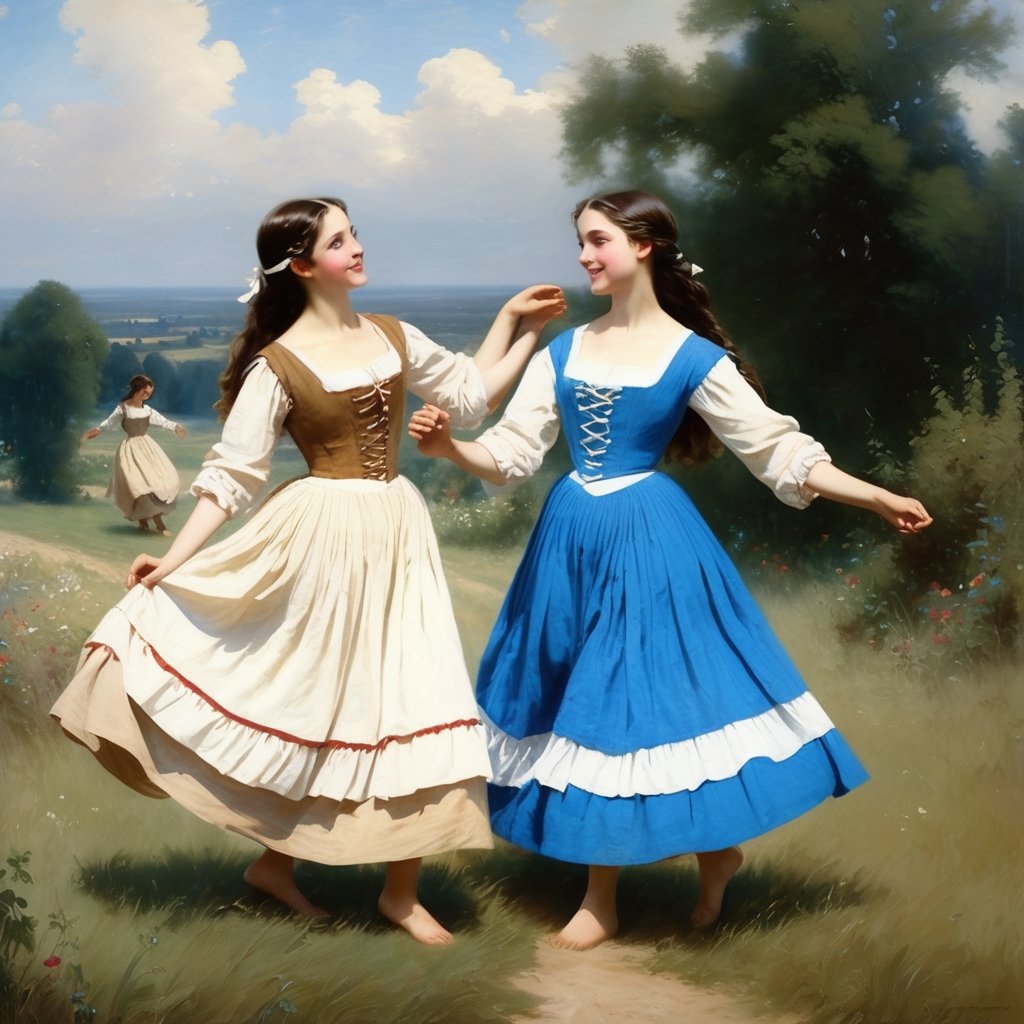 Masterpiece.  Two 19th century French country girls dancing a pastoral scene.  They have dark hair held.  They wear 19th century peasant style dresses and thyey have vibrant blue eyes and perfect features. Perfect skin. Very beautiful. Like a Bouguereau painting.  They are at a country dance.  Golden sunlight suffuses the scene. ,little_cute_girl