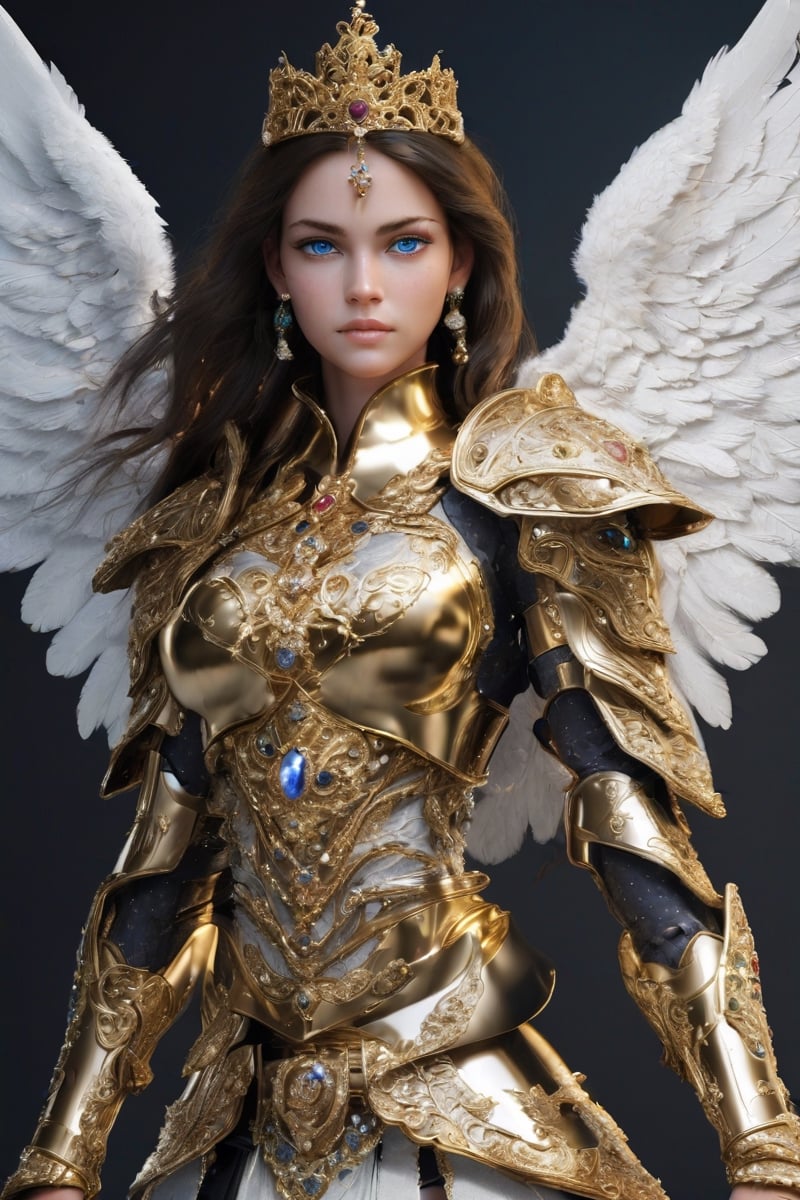 Masterpiece, highly detailed, realistic, A beautiful girl battle angel in polished solid gold armour with barouque engraving with a diamonds and precious stones. She has a broadsword. She has two large white feathered wings and long flowing dark brown hair and an intricate gold crown encrusted with diamonds sapphires rubies and emeralds. She has beautiful blue eyes.  Beautiful Face, Detailed face, lovely, photorealistic, photograph