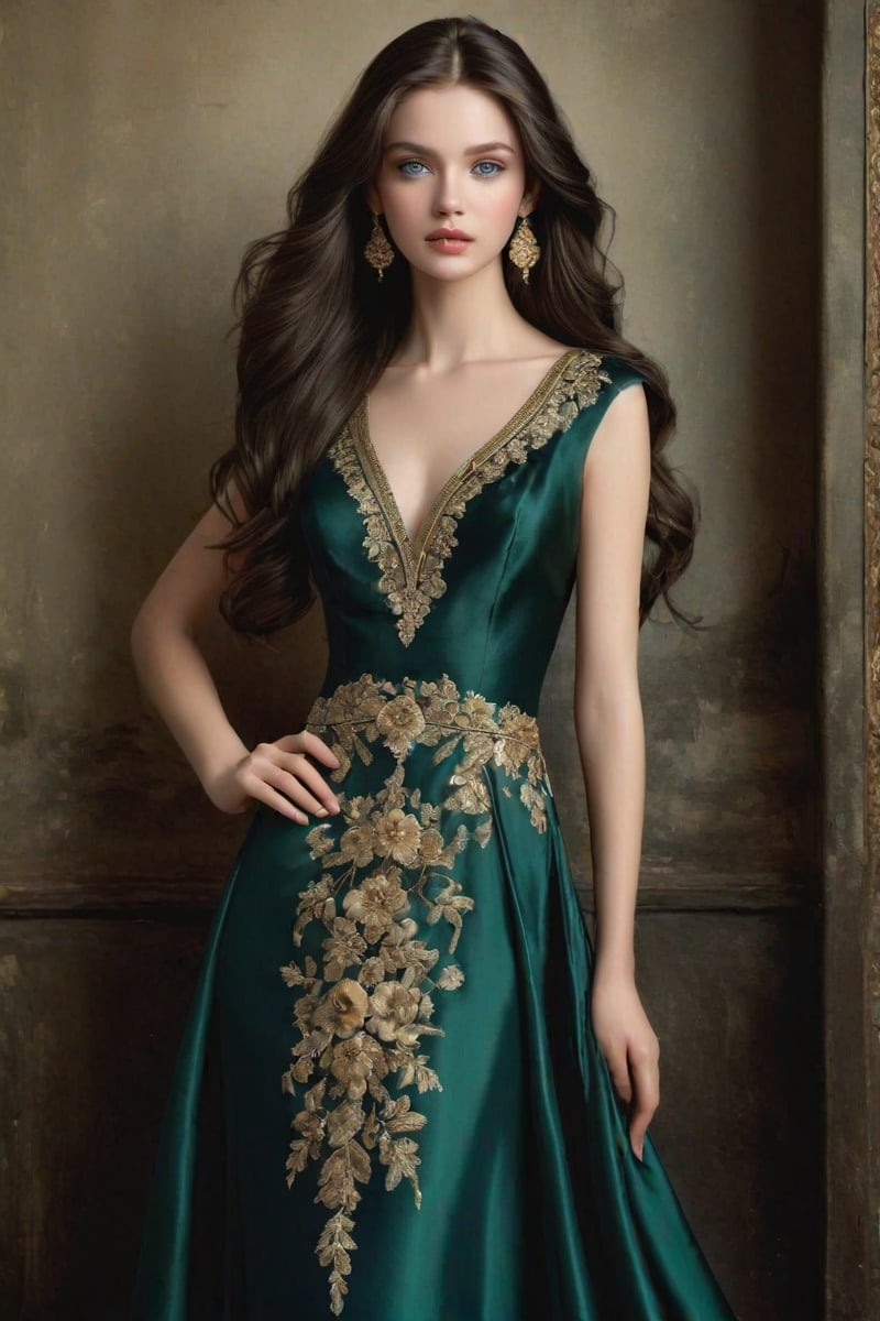 Masterpiece, highly detailed, realistic, A beautiful girl with long dark hair in an elegant dark green silk evening gown, with gold embroidery, beautiful blue eyes.  Full body image,  Beautiful Face, Detailed face, lovely, photorealistic, photograph