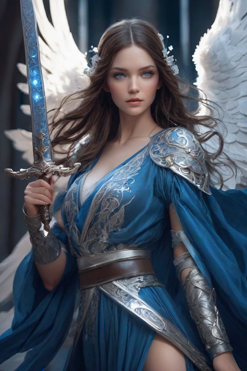 cosplay style,woman, angel  flowing dark brown hair and blue eyes, she is wearing a slim silver headband, she holds  glowing engraved sword in right hand,  elegant deep blue robes with eaborate silver emboidery, detailed illustration, digital art, overdetailed art, concept art,sharp focus,(ultra beautyfull & details eyes & face), full character,full body art,extreme  body,dynamic pose,[((dynamic pose with cancer,[rear view,close-up],))] character concept, long hair, full body sexy shot, highly saturated colors,fantasy character, detailed illustration, hd, 8k, digital art, Dan Mumford, Krzysztof Maziarz, trending on artstation
,AngelicStyle