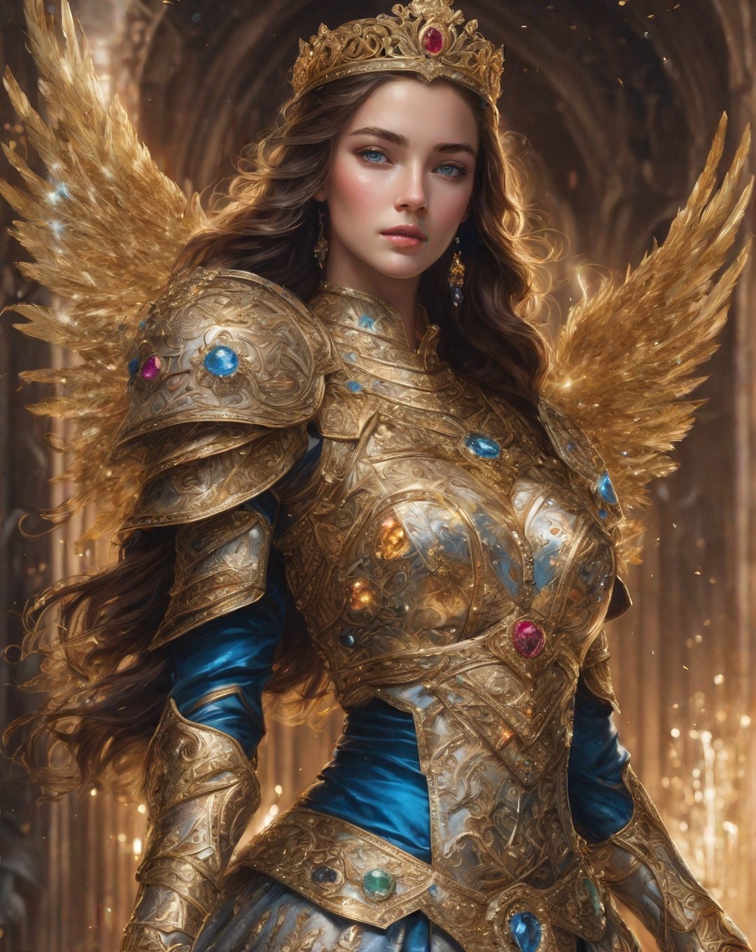 ((Masterpiece), (best quality), (highly detailed)), A stunningly beautiful angel with 2 powerful wings stands tall in a celestial realm, adorned in a armour of gold, encrusted with diamonds, rubies, emeralds and saphires. The armour covers her entire torso. She has an incredibly beautiful face.  She is holding an ornate golden staff that is capped with a huge diamond in her right hand, the angel exudes a sense of strength and divine presence. The intricate details of the angel's golden trim and the delicate feathers of its wings are meticulously rendered, highlighting the beauty and grandeur of this heavenly being, She is breathtakingly beautiful. She has long, flowing dark brown hair and blue eyes and she wears an ornate golden crown adorned with diamonds and precious stones ,LinkGirl,cyborg style,FilmGirl,1 girl,blurry_light_background,flower4rmor,Flower,medieval armor,photo r3al