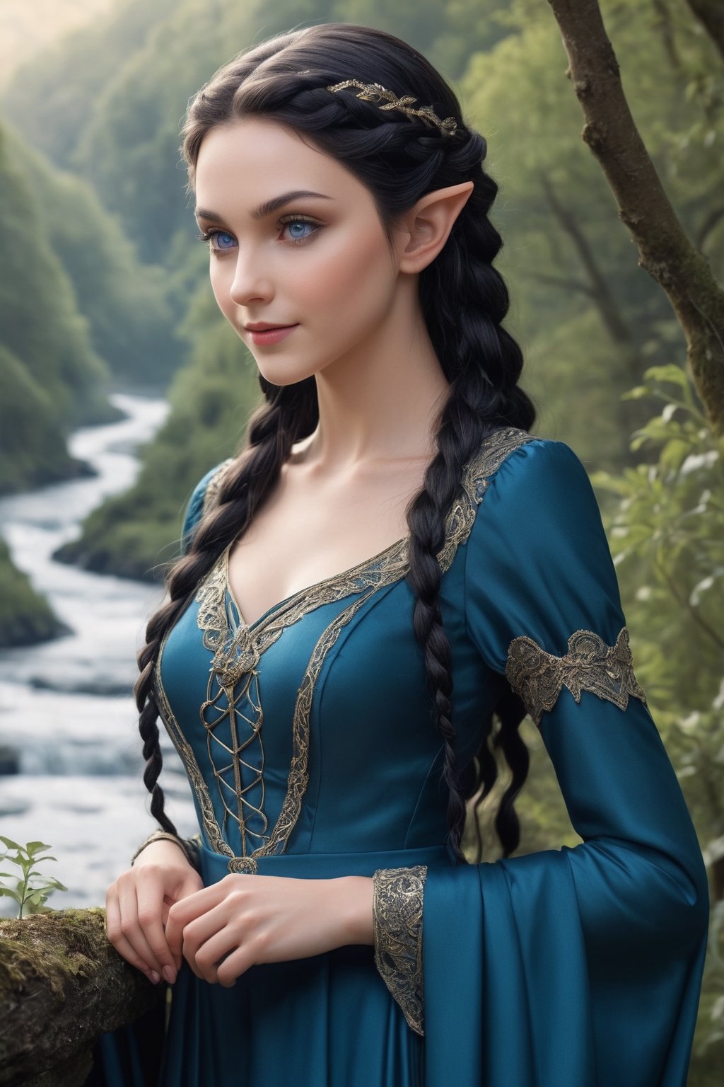 Extreme detailed,ultra Realistic,
extremely beautiful young ELF lady, dark hair, long elvish braid, side braid,Beautiful crystal blue eyes, dark blue silk dress, intricate clothing,, soft smile, bending posture, looking into the distance, 
sylvan woodland, overlooking valley, river,  seen from front, ,ol1v1adunne,DonM3lv3sXL,niji6