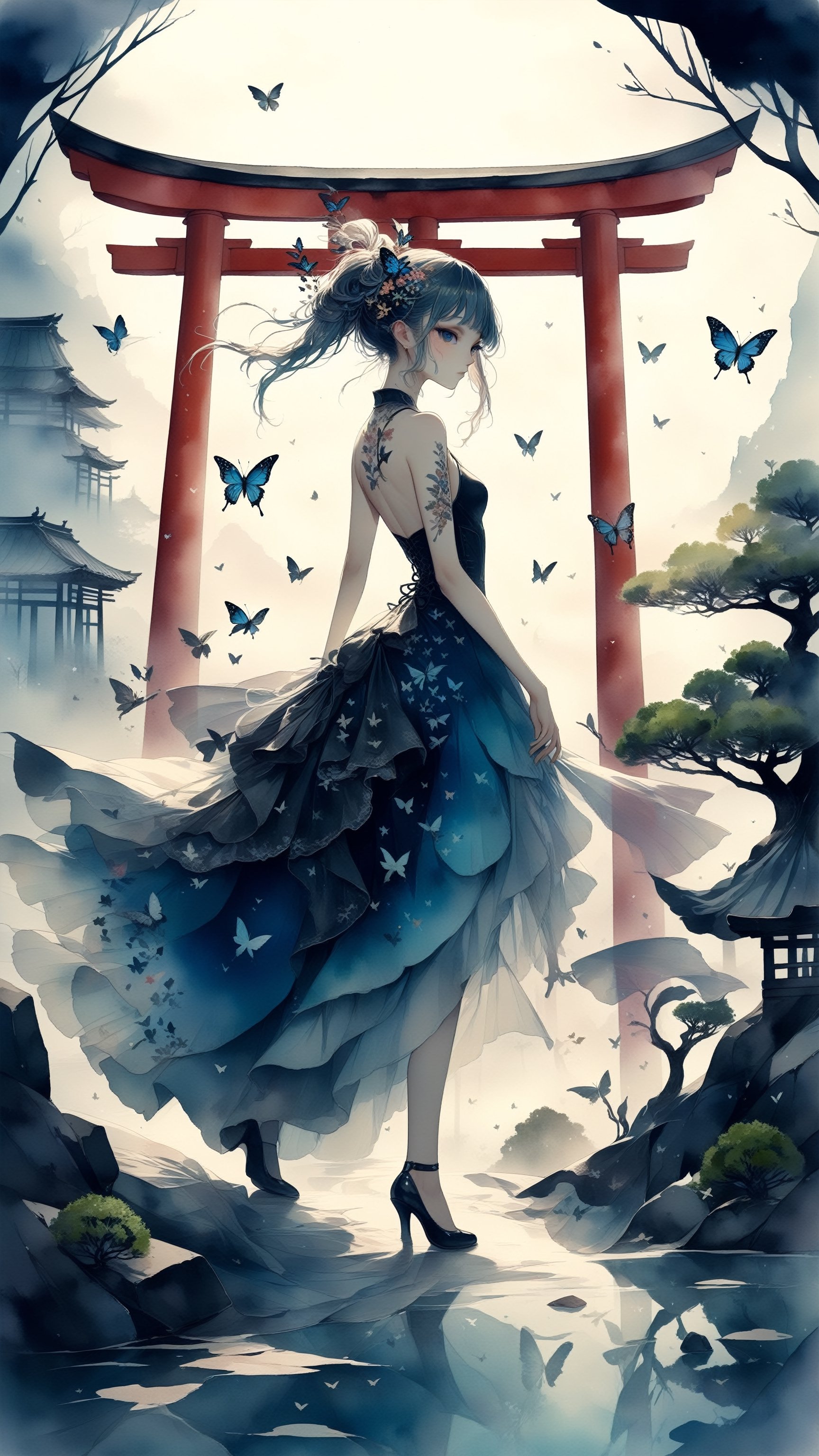 Whimsical, bonsai , japan,Torii ,cute alien_girl, Looking Back , ((Sexy Clothing)), realistic, Walking in a strutting pose, , Butterflies, masterpiece, best quality, aesthetic, Create an image using junk art elements, with repurposed materials, found objects, and a sense of resourcefulness and creativity,Decora_SWstyle,watercolor,Devasted landscape 