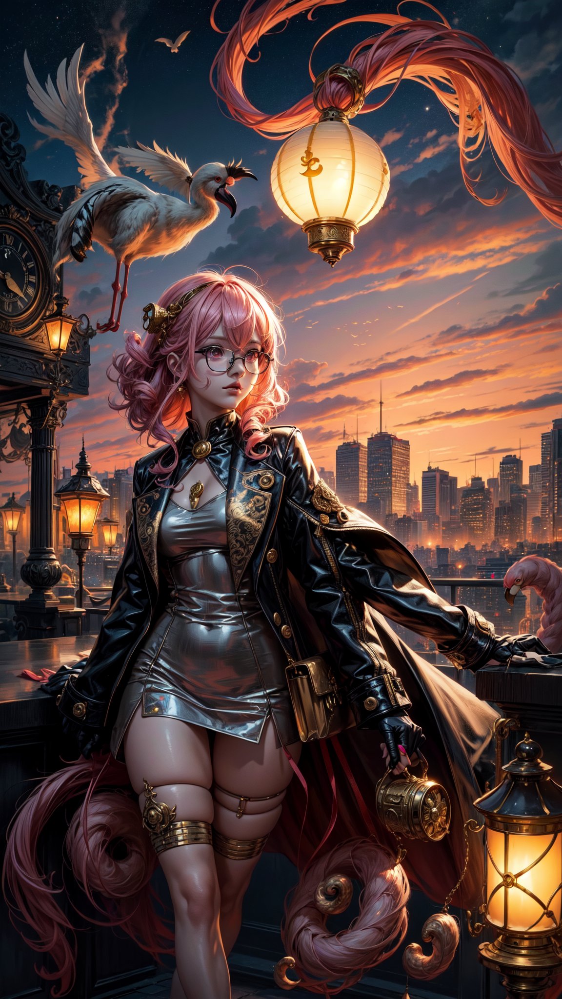 A surrealistic anime landscape unfolds: Salvador Dali's iconic melting clocks and distorted objects blend with vibrant anime colors and stylized characters. In a dreamlike setting, a bespectacled anime girl with a wispy mustache and curly hair peers out from behind a warped clock face, surrounded by swirling clouds of golden smoke. The cityscape in the background features buildings shaped like snails and mushrooms, while a giant, flamingo-pink cat watches over the scene, its eyes glowing like lanterns.