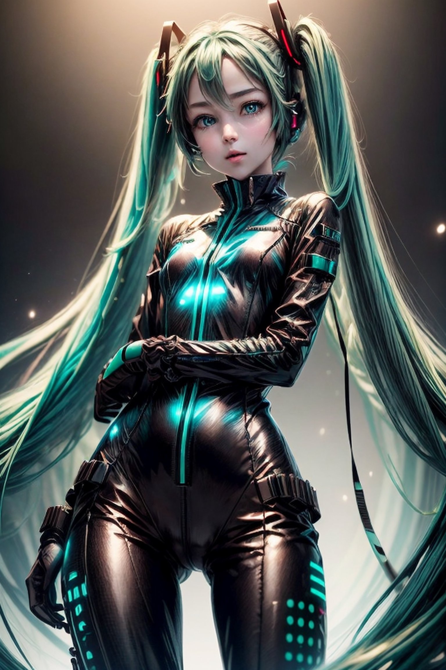 top-quality、​masterpiece high resolution,((Black And Mint Plugsuit )),(Hatsune Miku, glowing eyes),(Cinnamon Miku