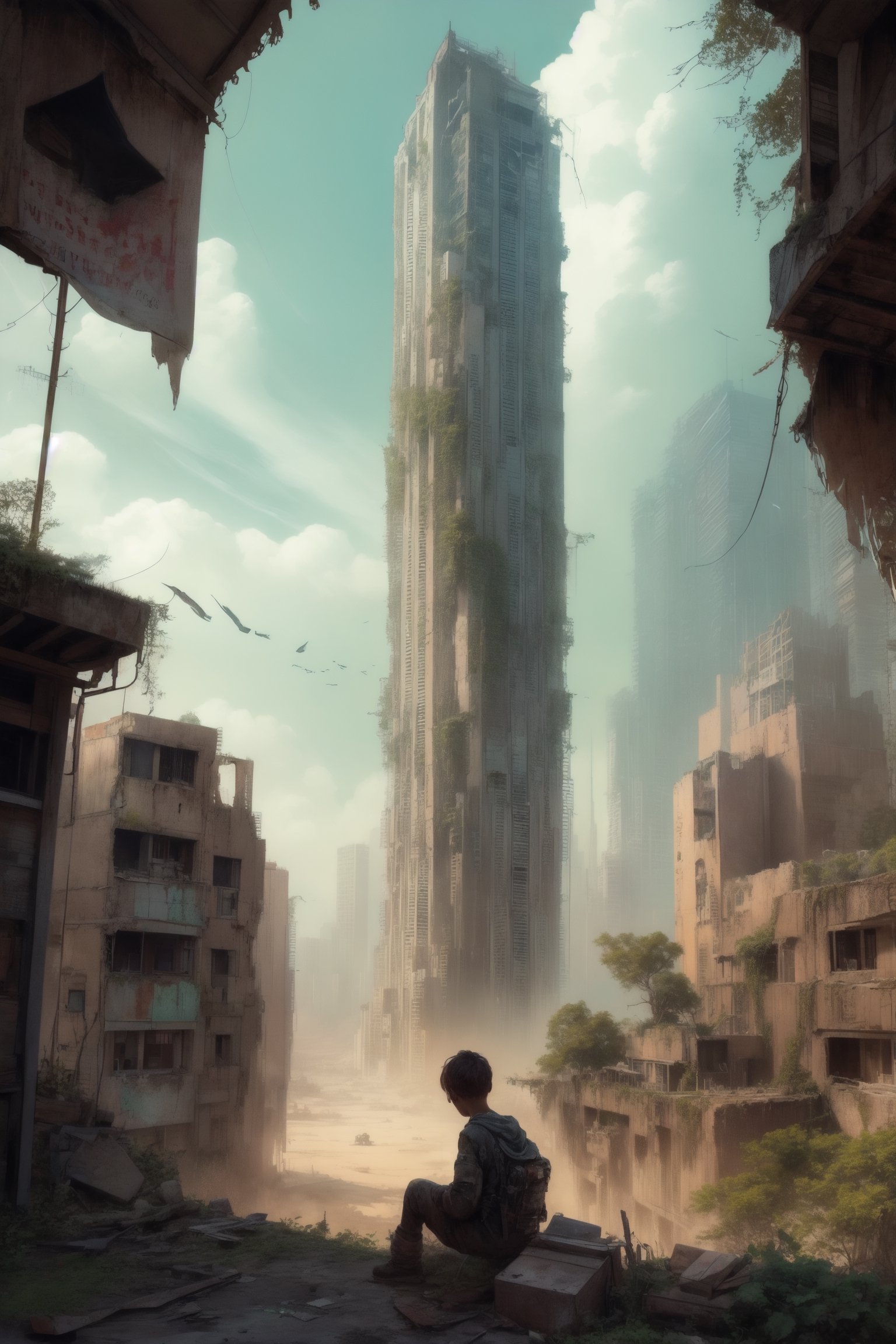 An evocative painting depicting a post-apocalyptic landscape where nature has reclaimed the remnants of human civilization. In the foreground, a child sits amidst the ruins, their small frame juxtaposed against the towering remnants of skyscrapers now overgrown with vines and foliage. The soft hues of dawn illuminate the scene, casting a sense of hope amidst the desolation.