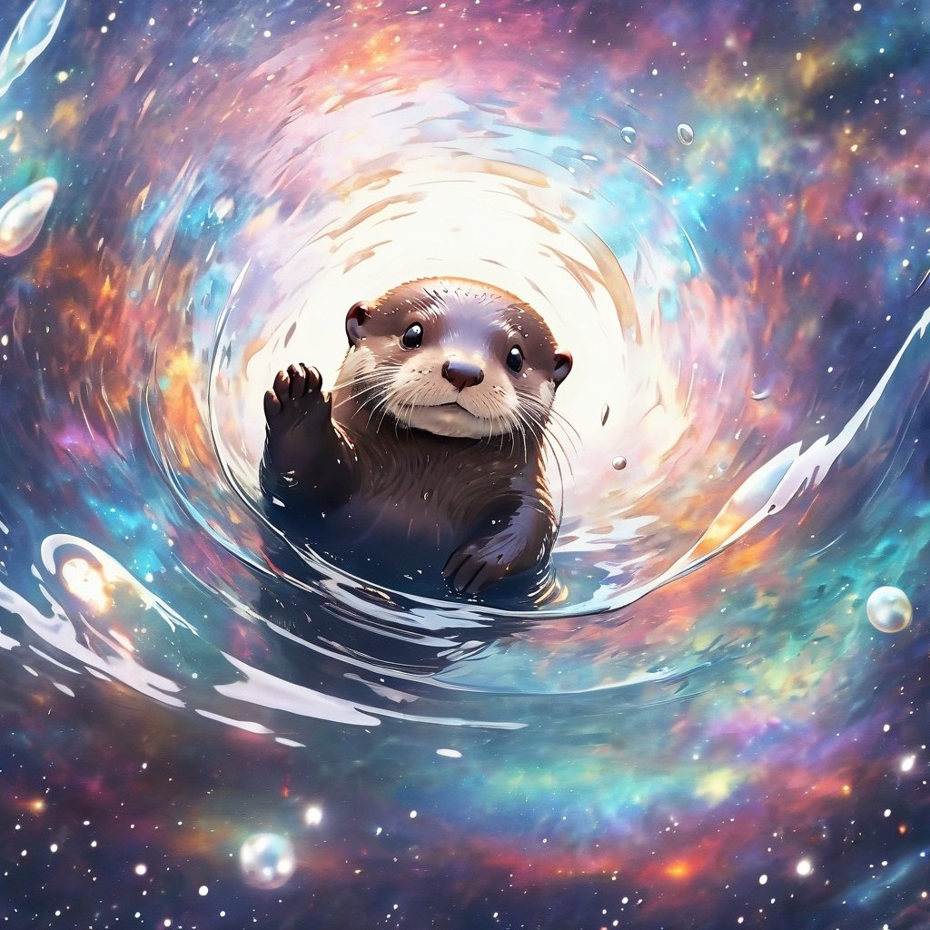 A cute otter swimming in deep space, realistic deep space background, naruto style, colorfull, eye contact, galaxies in background, masterpiece,  extremely best quality,  official art,  cg 8k wallpaper,  (Fantasy Style:1.1),  (artistic atmosphere:1.2), pixiv 10000 users,  highly detailed,  pixiv, incredibly detailed, (best quality)