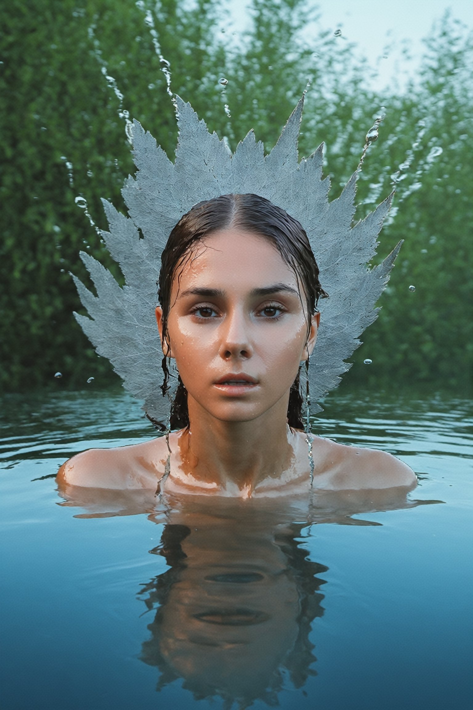 girl, water, a lonely wolf, liona-xl out of water, the girl consists of water. Very wet face,  water on face, wet hair by water, water splash, water dripping, detailed portrait, tree from which the foliage is flying around, there is a beautiful liona-xl standing next to it in such a very light transparent weave, fabulousness from above details, perfect composition, super detail, high detail, cinematic composition, post-apocalyptic, atompunk, face in the center, hyper realism, by Lenkaizm, detailed drawing, sharp focus, water reflection, aerial view,  vivid color.,