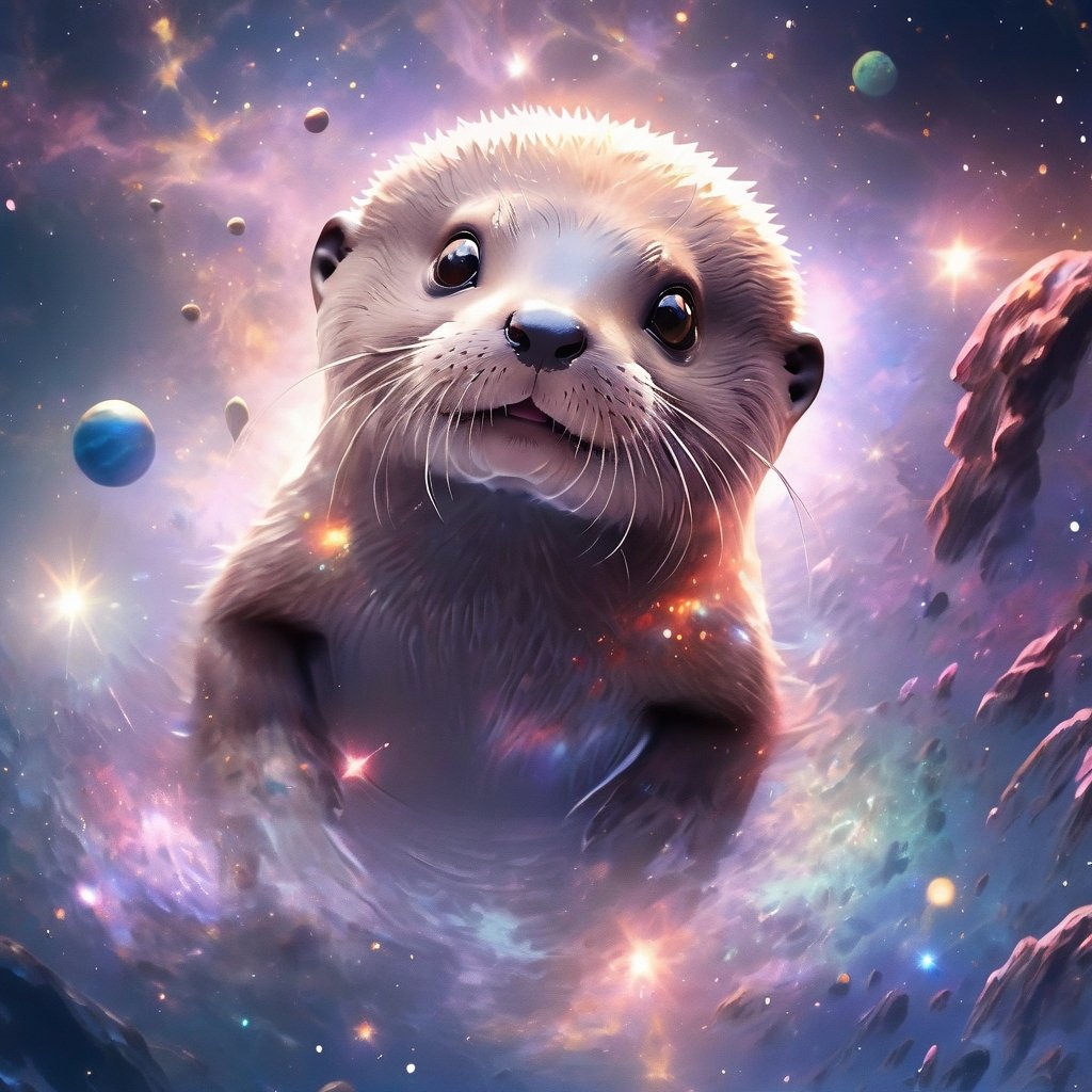 A cute otter swimming in deep space, realistic deep space background, naruto style, colorfull, eye contact, galaxies in background, masterpiece,  extremely best quality,  official art,  cg 8k wallpaper,  (Fantasy Style:1.1),  (artistic atmosphere:1.2), pixiv 10000 users,  highly detailed,  pixiv, incredibly detailed, (best quality)