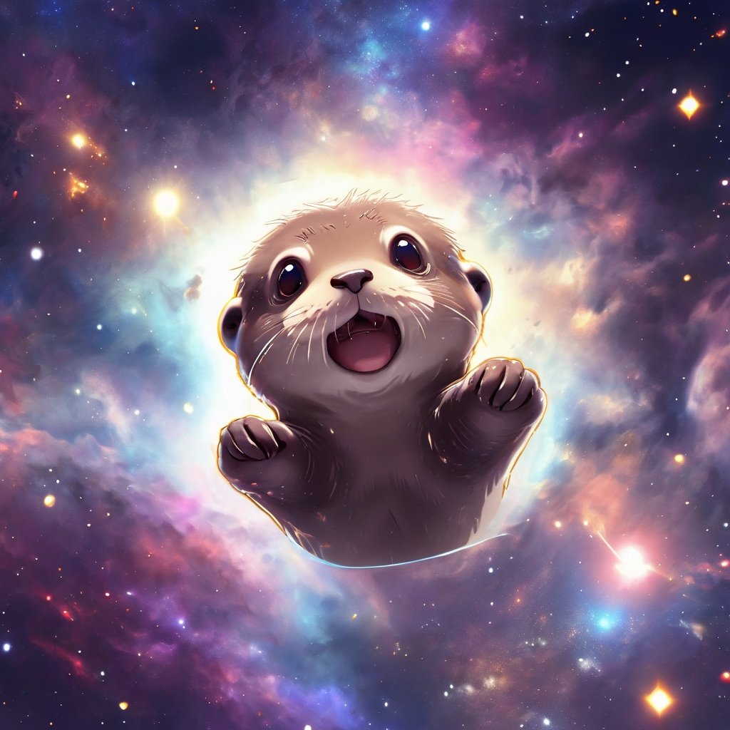 A cute otter swimming in deep space, realistic deep space background, naruto style, colorfull, eye contact, galaxies in background, masterpiece,  extremely best quality,  official art,  cg 8k wallpaper,  (Fantasy Style:1.1),  (artistic atmosphere:1.2), pixiv 10000 users,  highly detailed,  pixiv, incredibly detailed, (best quality)