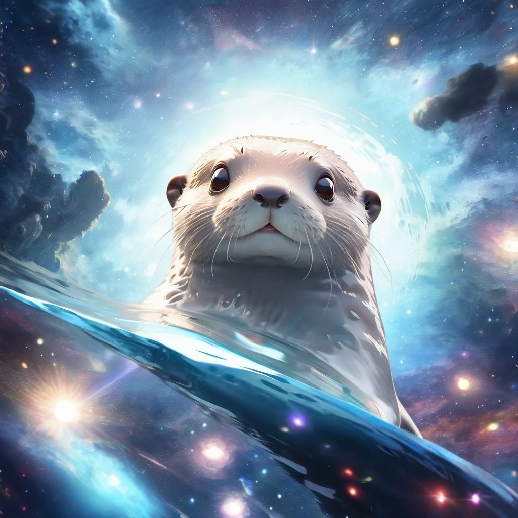 A cute otter swimming in deep space, realistic deep space background, naruto style, colorfull, eye contact, galaxies in background, masterpiece,  extremely best quality,  official art,  cg 8k wallpaper,  (Fantasy Style:1.1),  (artistic atmosphere:1.2), pixiv 10000 users,  highly detailed,  pixiv, incredibly detailed, (best quality)