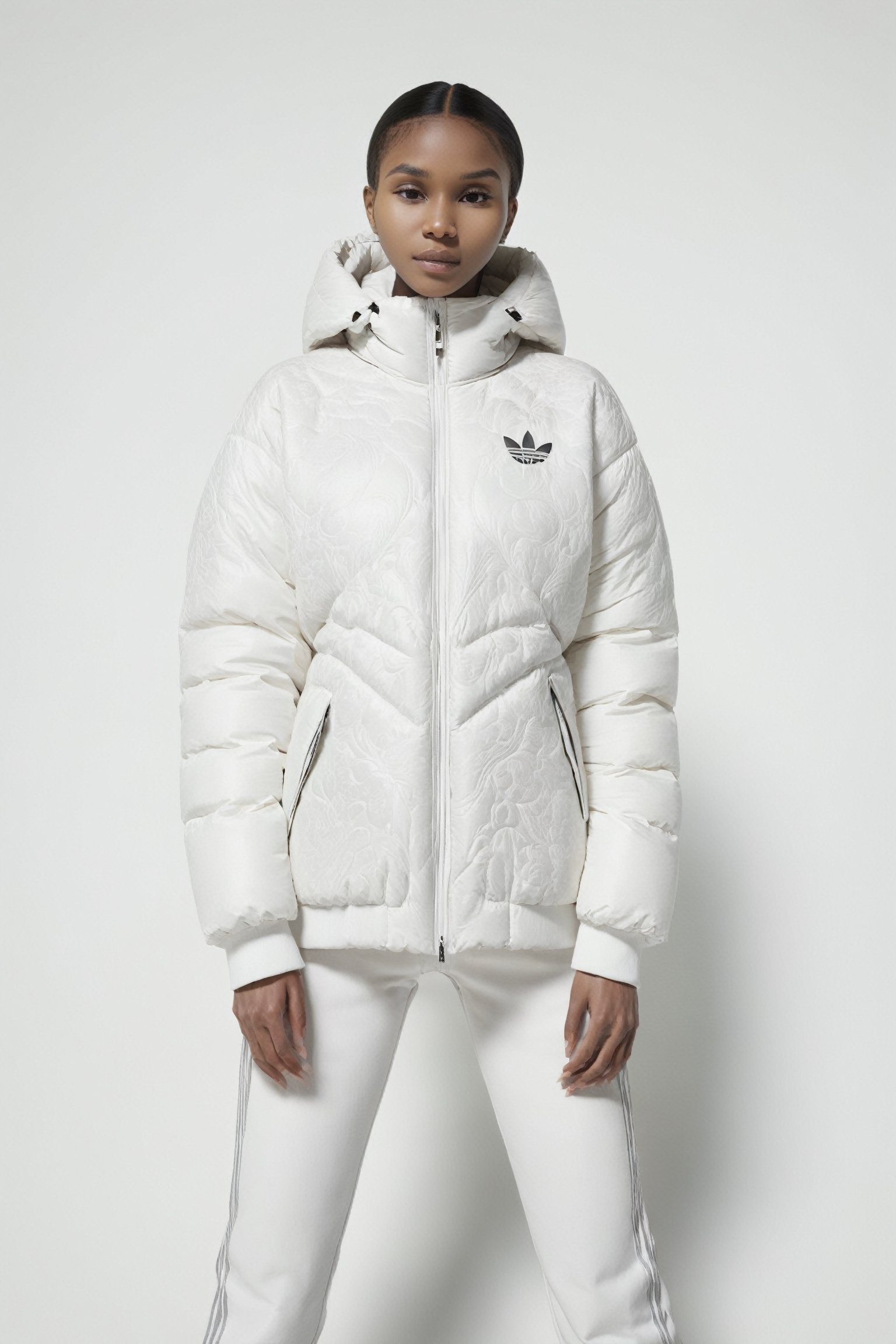 beautifull afro 26 y. o WOMAN, model, white hair in milky adidas winter puffer jacket, design trend, design by kanye west, on a white background, octane, 4K, intricate and detailed texture,