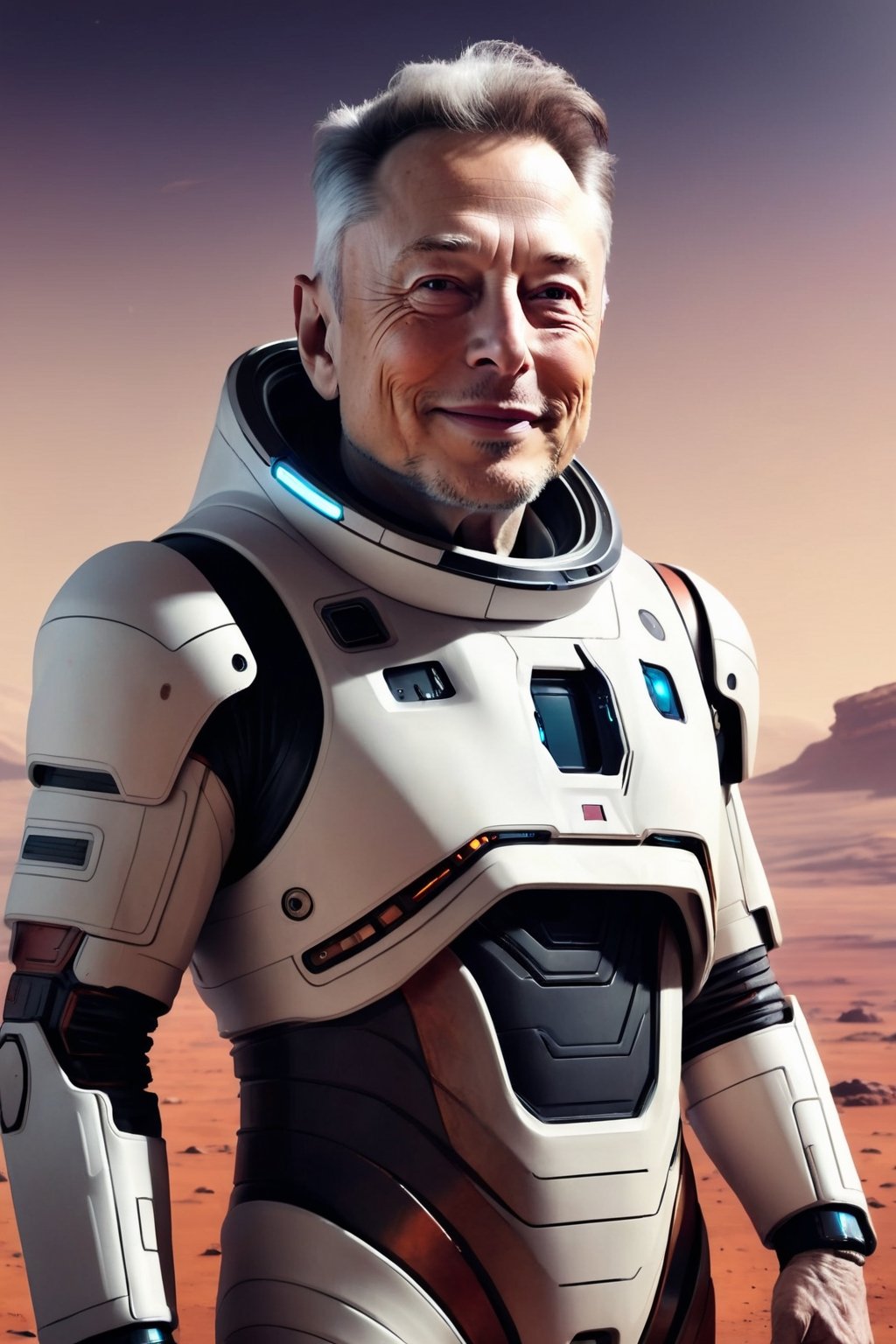 mj, cozy, cinematic, very old Elon Musk, 94 years old, male, white sparse hair,  mischevious smile, on Mars surface, space suit, masterpiece, cyberpunk style