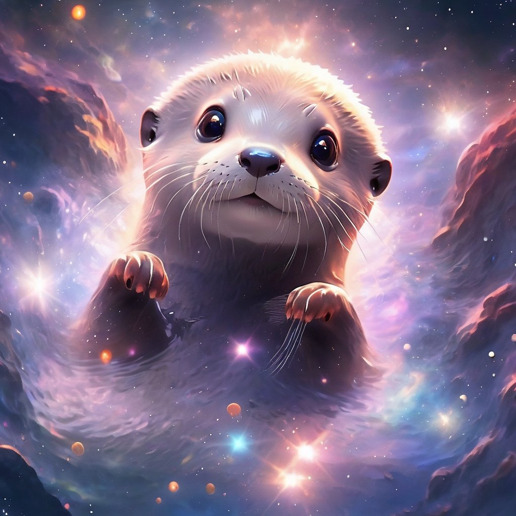 A cute otter swimming in deep space, realistic deep space background, naruto style, colorfull, eye contact, galaxies in background, masterpiece,  extremely best quality,  official art,  cg 8k wallpaper,  (Fantasy Style:1.1),  (artistic atmosphere:1.2), pixiv 10000 users,  highly detailed,  pixiv, incredibly detailed, (best quality)