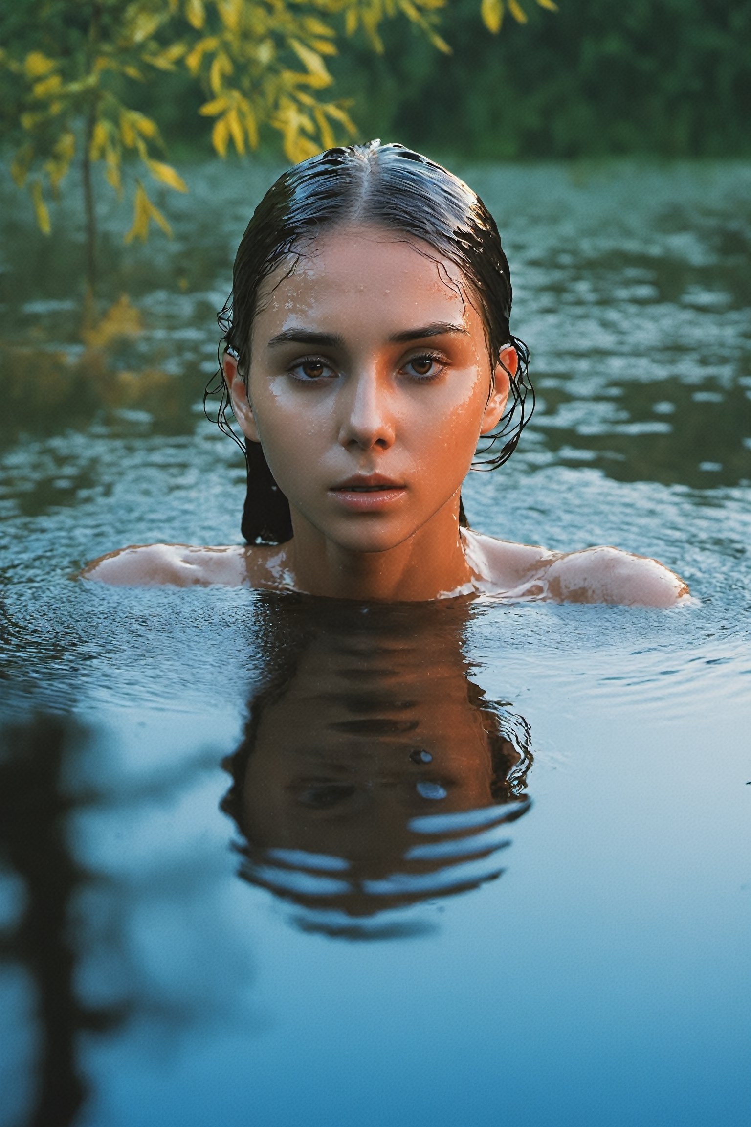 girl, water, a lonely wolf, liona-xl out of water, the girl consists of water. Very wet face,  water on face, wet hair by water, water splash, water dripping, detailed portrait, tree from which the foliage is flying around, there is a beautiful liona-xl standing next to it in such a very light transparent weave, fabulousness from above details, perfect composition, super detail, high detail, cinematic composition, post-apocalyptic, atompunk, face in the center, hyper realism, by Lenkaizm, detailed drawing, sharp focus, water reflection, aerial view,  vivid color.,