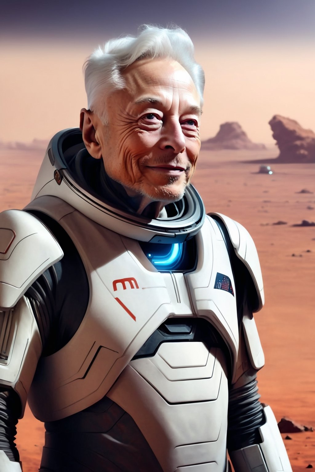 mj, cozy, cinematic, very old Elon Musk, 99 years old, male extremely wrinkled, white sparse hair,  mischevious smile, on Mars surface, space suit, masterpiece, cyberpunk style
